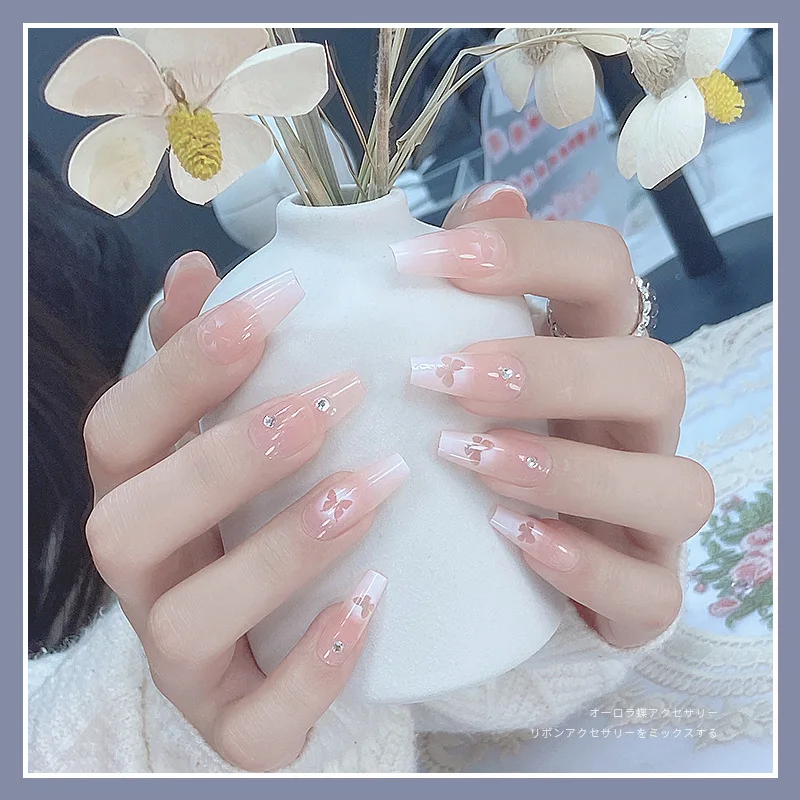 

24Pc New False Nails Hollow Butterfly Glitter Rhinestone French Wearable Press On Full Cover Finished Fake Nail Fashion Manicure