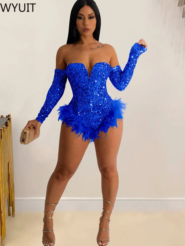 

Sexy Sequined Hem Feather Details One Pieces Rompers Women Off The Shoulder Playsuit Skinny Clubwear Short Jumpsuit