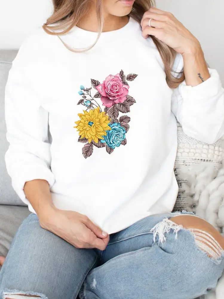 

Flower Trend Cute 90s Sweatshirts Printing Autumn Spring Fall Pullovers For Women Graphic Top Female Casual Clothing
