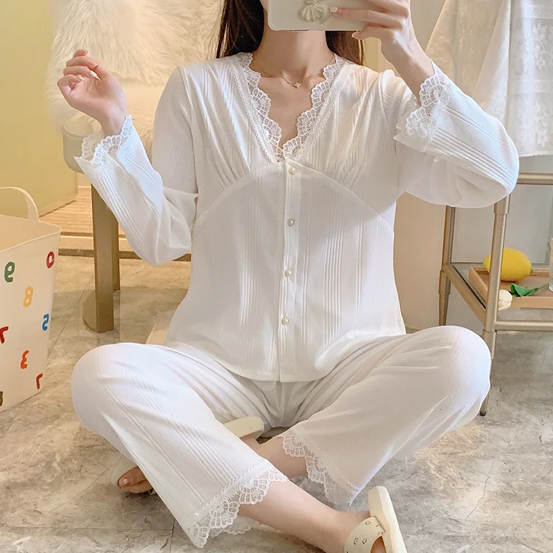 Sexy Pajamas Women's Spring Long Sleeved Cardigan Lace V-neck Fashion Home Clothes Combed Cotton Sleepwear Lady Sleepwear