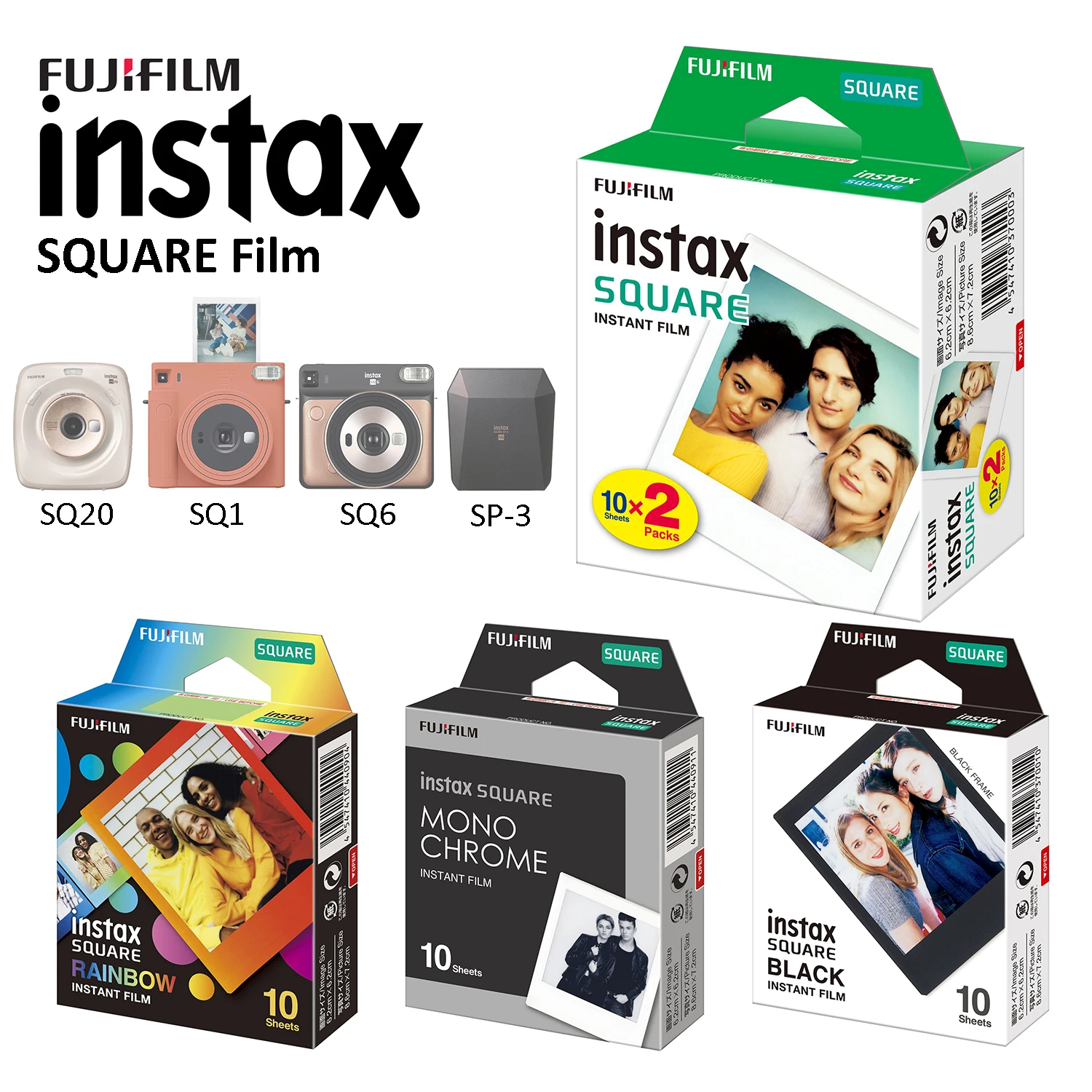 Квадратная пленка Fujifilm Instax Mini Черная/белая фотобумага с краями 10-50 листов для