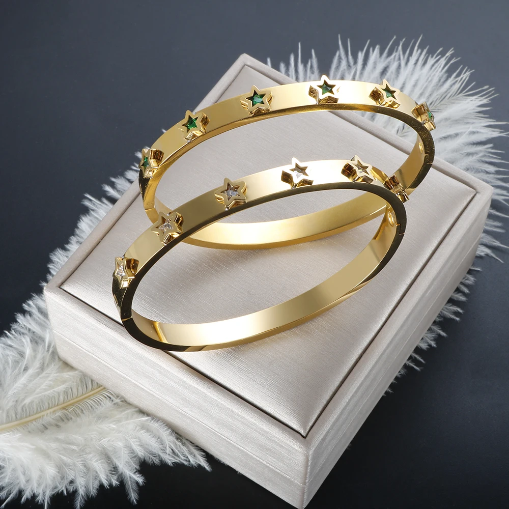 

Cubic Zirconia Crystal Gypsophila Stars Bangle Bracelet Ring for Women Men Stainless Steel Cuff Wristband Fashion Trendy Jewelry