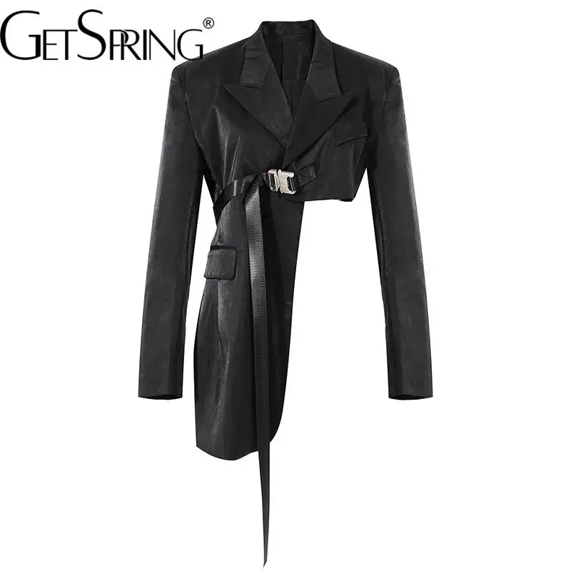 

GetSpring Women Blazer Asymmetric Ladies Suit Coat Long Sleeve Buckle Female Black Suit Jacket 2022 New Fashion Irregular Top