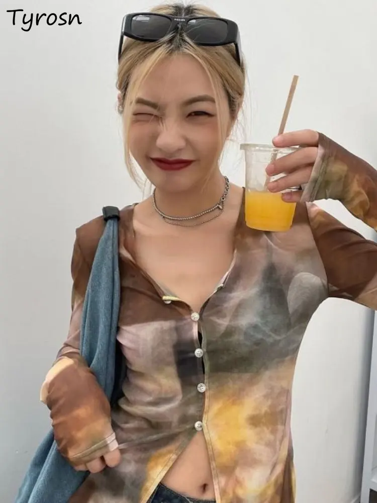 

Футболки женские солнцезащитные пикантные приталенные Ретро дизайн Tie Dye корейский стиль Универсальные дышащие летние индивидуальные креативные женские