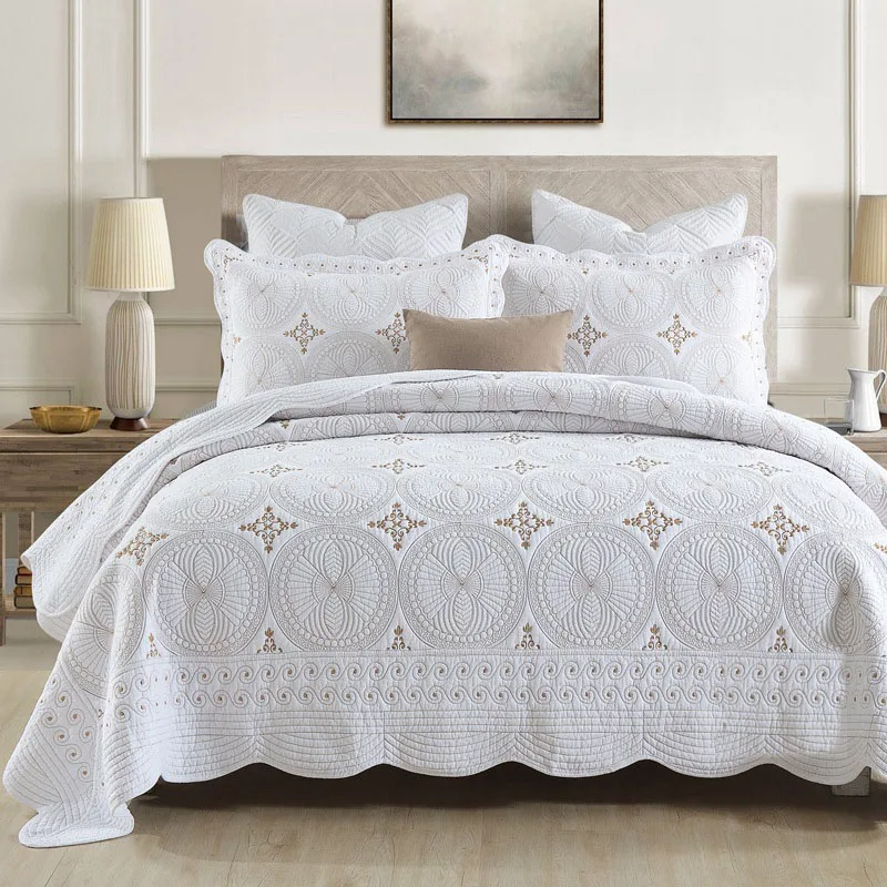 

CHAUSUB Embroidered Cotton Quilt Set 3PCS Bedspread on the Bed Solid Color Queen Size Quilted Coverlet Double Blanket for Bed