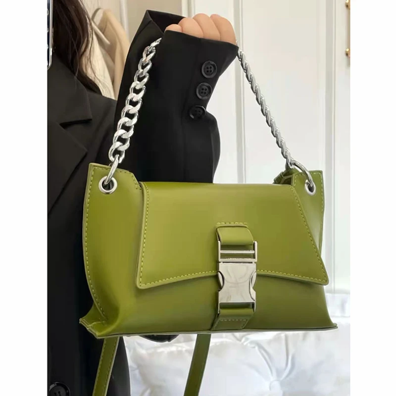 

Vintage Metal Lock Women Shoulder Bags High Quality Ladies Solid Color Underarm Bag Female Large Square Chain Crossbody Handbags
