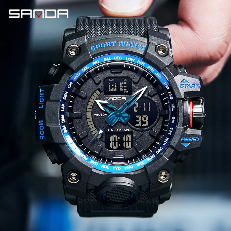 

SANDA Mens Sport Watch Military Chrono Waterproof Shockproof Dual Display Wristwatches Male LED Digital Clock Montre Homme Hour