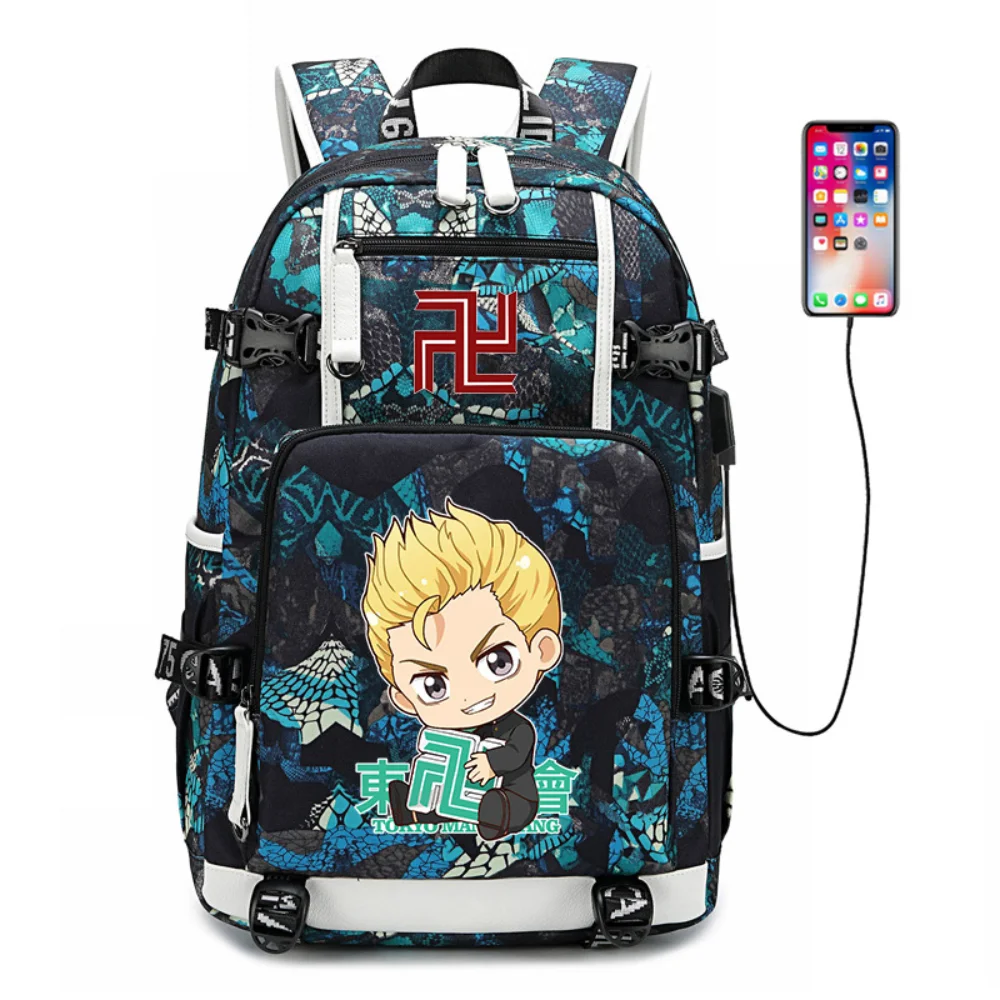 

Tokyo Revengers Anime USB Backpack School Book Bags Cartoon Fans Travel Bags Laptop Chain Headphone Port Backpacks