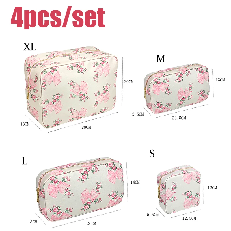 4pcs/set S M L XL Makeup Bag Pink Bule Printed Bow Toiletry Pouch Waterproof Women Storage Nylon Travel Makeup Bag Organizer