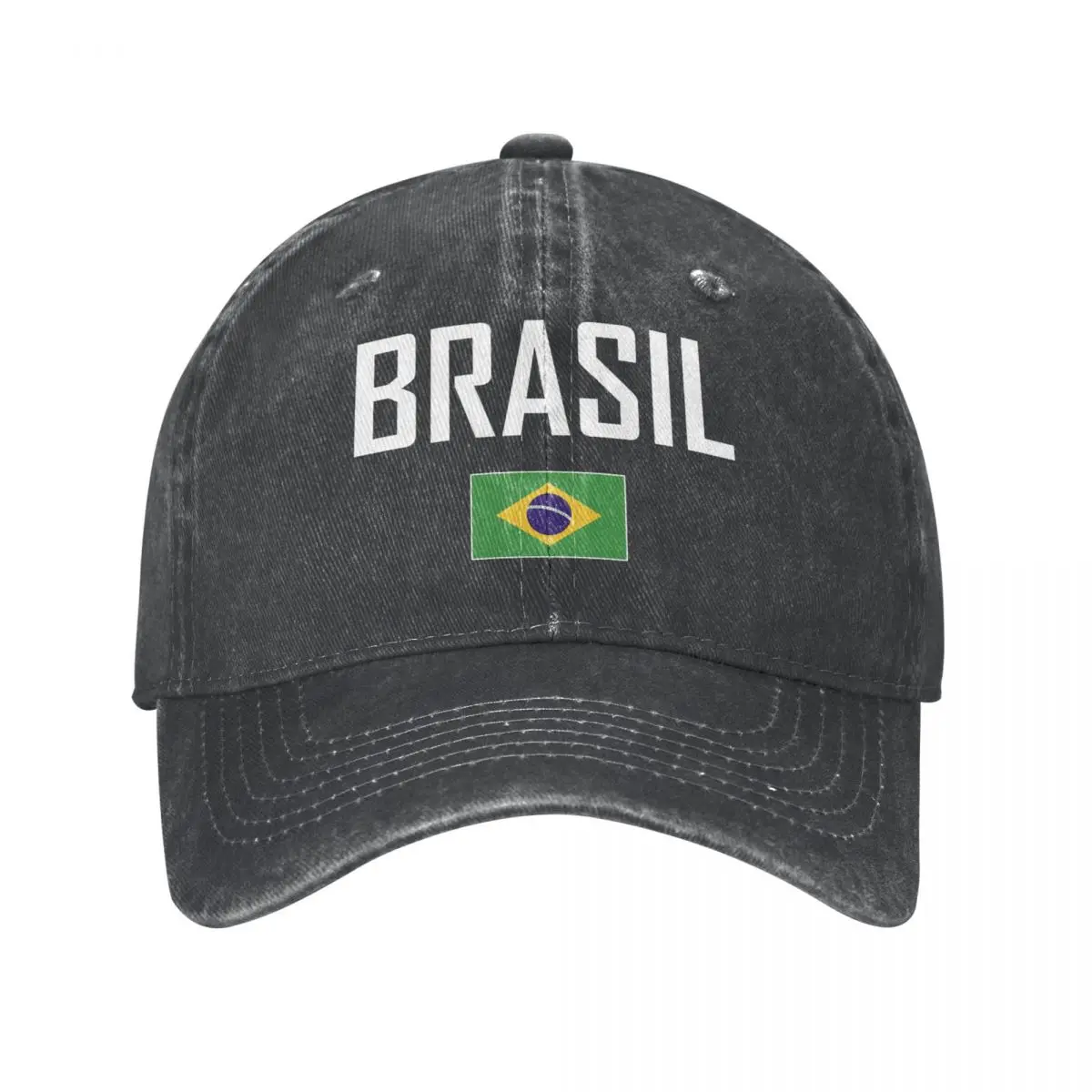 

Men Baseball Cap BRAZIL BRASIL Flag And Font Charcoal Washed Denim Classic Vintage Cotton Dad Trucker Hat Unisex Adult