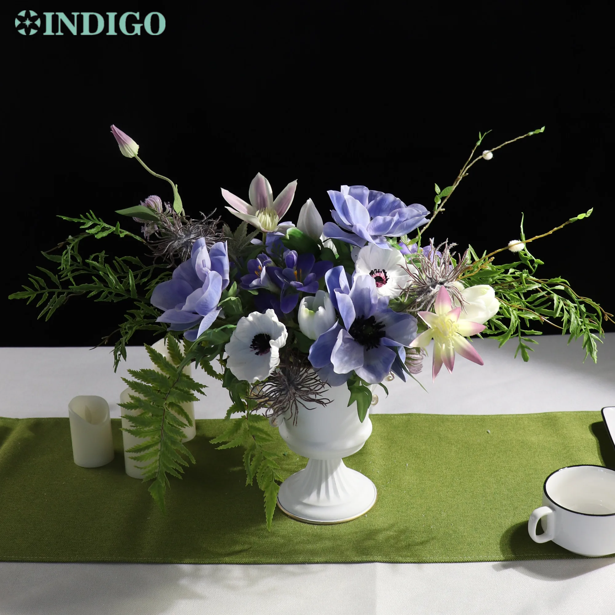 DIY Blue Anemone Flower Arrangment 1 Set With Vase Home Decoration Daisy Wedding Artificial Flower Floral Event Part - INDIGO