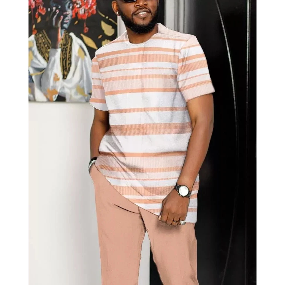 2022 New Summer Men’s 3D African Stripe Style Print Tracksuit 2Piece Set Men O-Neck Clothing Joogers Outfit Trousers Suit