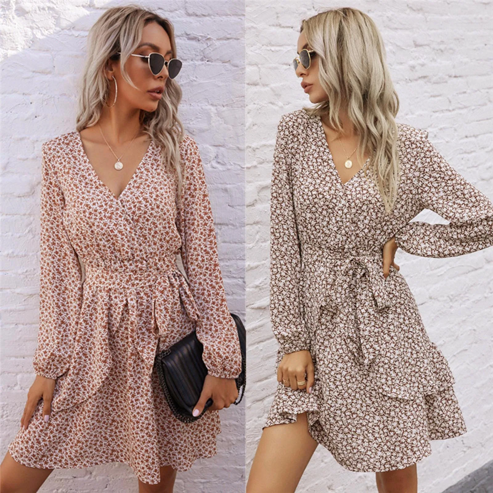 

Women's Boho Dress Mini Floral Retro Long Sleeve V Neck Tassel A Line Ruffle Flowy Casual Beach Dresses Button Dress for Women