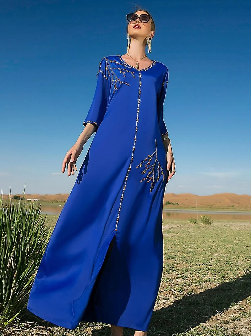 Hand Sewn Rhinestone Arabic Evening Long Dress Moroccan Party Caftan Dubai Saudi Gulf Jalabiya Muslim Eid Ramadan Abaya Kaftan