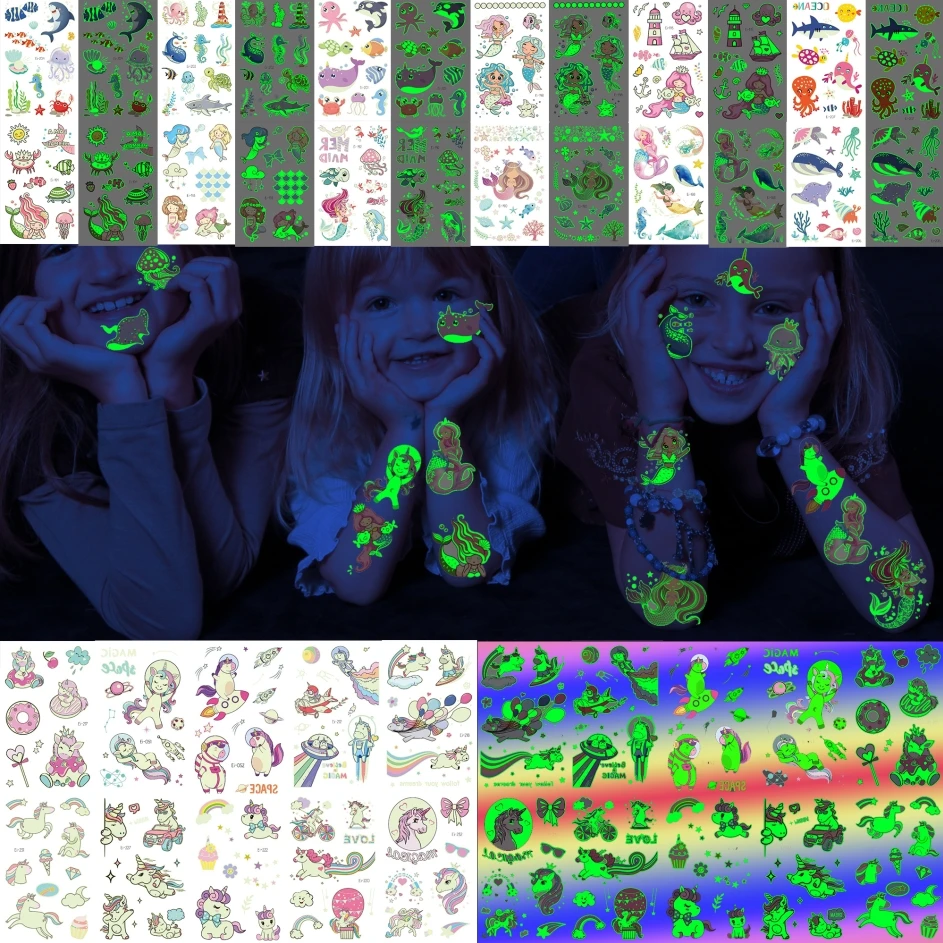 

Временные татуировки Flash Mermaid для девочек, детские светящиеся в темноте татуировки, светящийся дельфин, Акула, единорог, татуировки, лицо, ру...