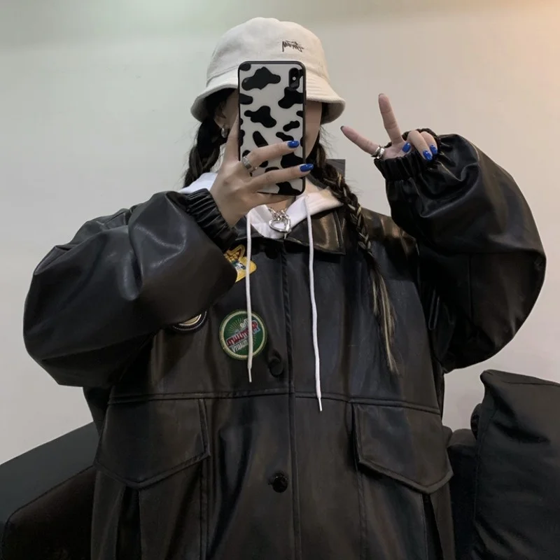 Leather Coat Women's Couple Jacket 2022 Autumn And Winter Ins Embroidered Logo New PU Lovers' Loose Long Sleeve Bomber Coat