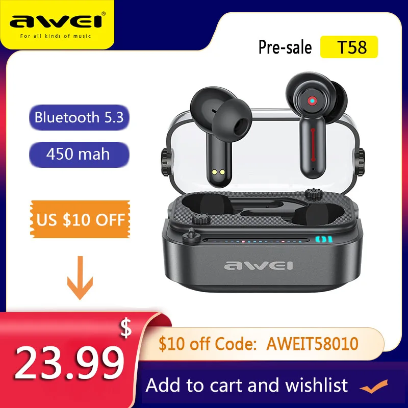  Предпродажа AWEI T58 беспроводные наушники Bluetooth V5.3 наушники бас в ухо TWS светодиодный свет наушники с микрофоном HiFi стерео DNS гарнитура 