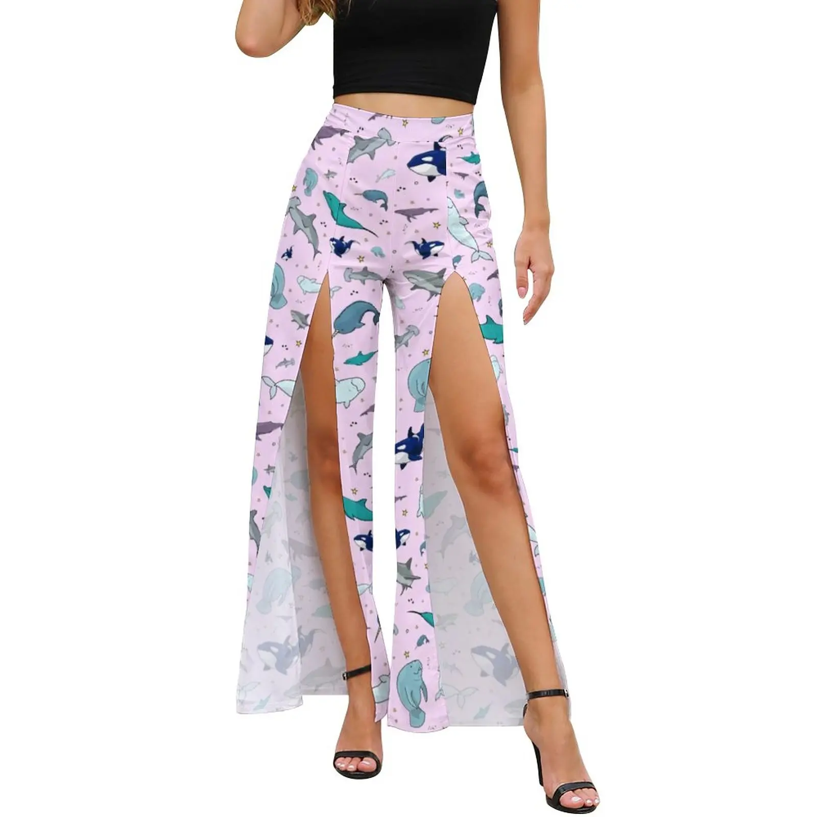

Funky Shark Pants Summer Cute Ocean Life Pattern Club Wide Pants Wholesale Womens High Waist Slit Streetwear Print Trousers