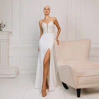 2022 mermaid sparkling beading pearls wedding dress spaghetti straps sleeveless high split backless bridal gown vestido de novia
