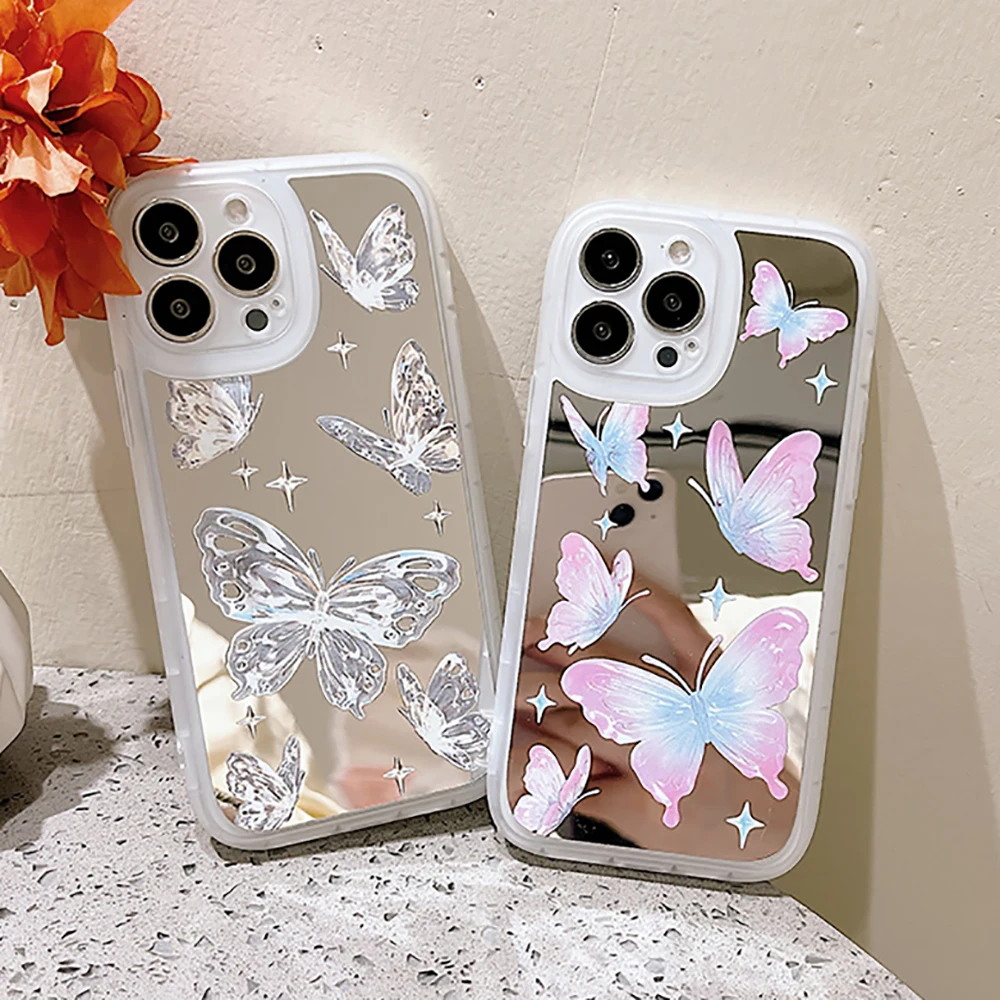 

Mirror Butterfly Cute Makeup Shockproof Phone Case For iPhone 11 12 13 Pro XS Max X XR Fashion Lovely Phone Soft Back Cover Case