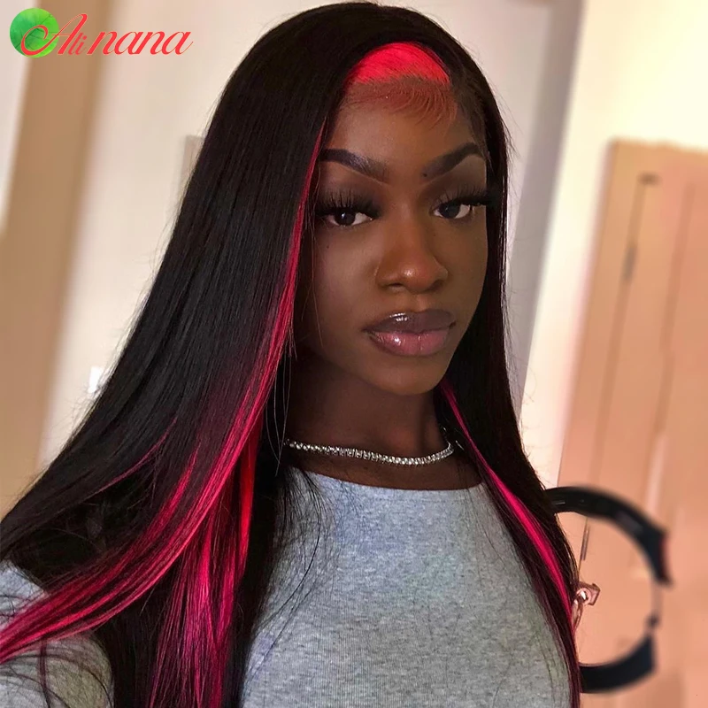 Black With Red Human Hair Transparent Lace Wigs Brown With Blonde Brazilian Straight Lace Frontal Human Hair Wig For Black Women