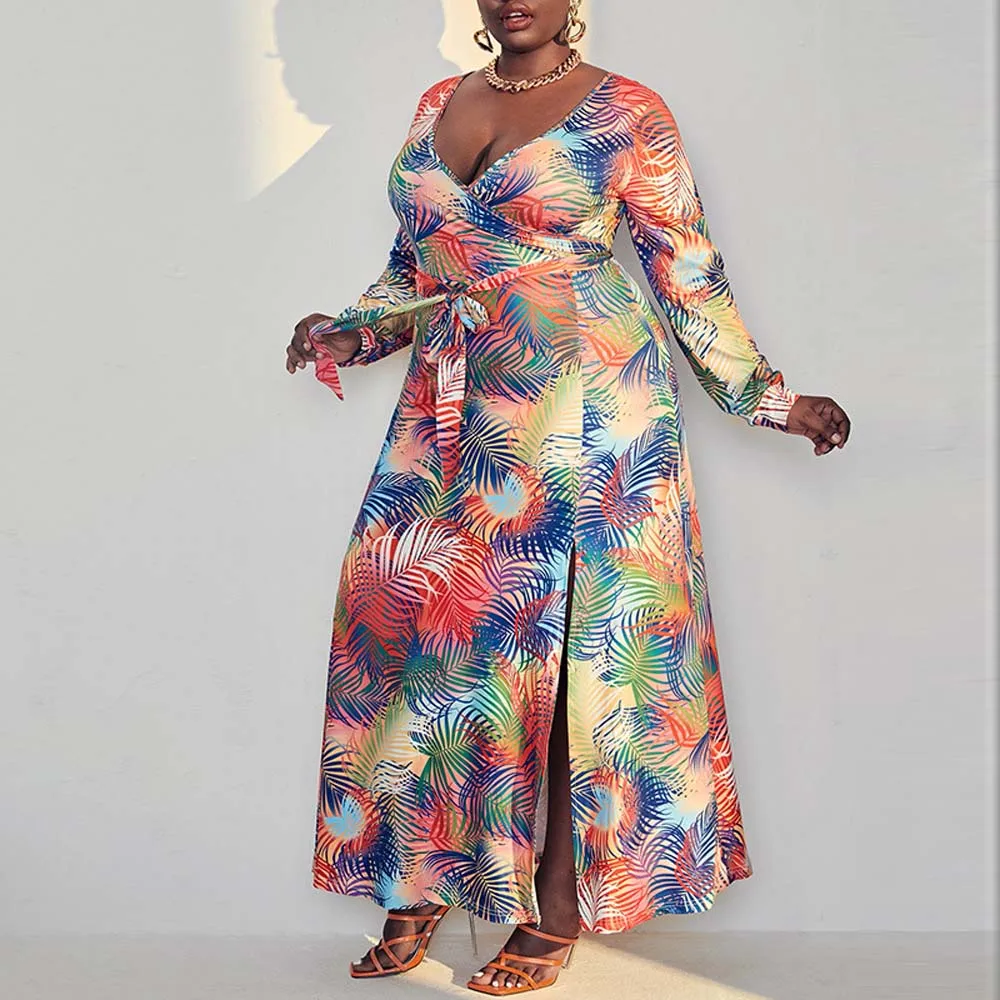 

Plus Size Dresses 2022 Printed Long Sleeve Expansion Belted Daily Casual Beach Ladies A-line Summer Female Large Size Dress