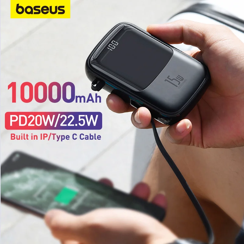 Baseus 10000mAh 22.5W Mini Power Bank Built in Cables PowerBank External Battery Charger For iPhone 13 14 Xiaomi Samsung Huawei