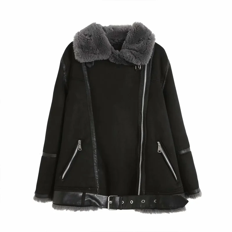 New Fur Lamb Hair Solid Patchwork Zipper Design Casual Jackets Women European and American Style Plus Velvet Double-sided Coats