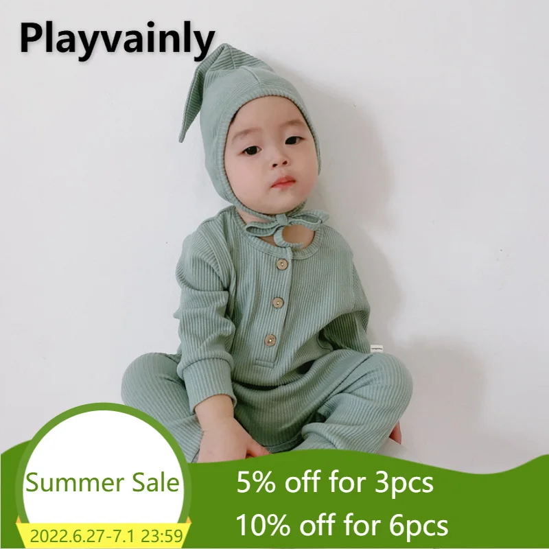 

2021 Autumn Kids Boys Girls Romper Solid Color Long Sleeves Round Collar Waffle Jumpsuit with Cap Newborn Sleepwear E0311