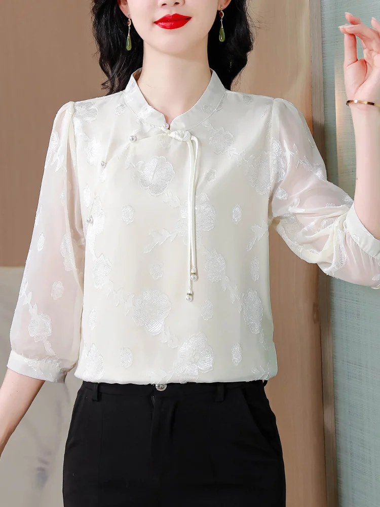 Новые китайские шифоновые рубашки с рукавом три четверти Женская одежда Весна и