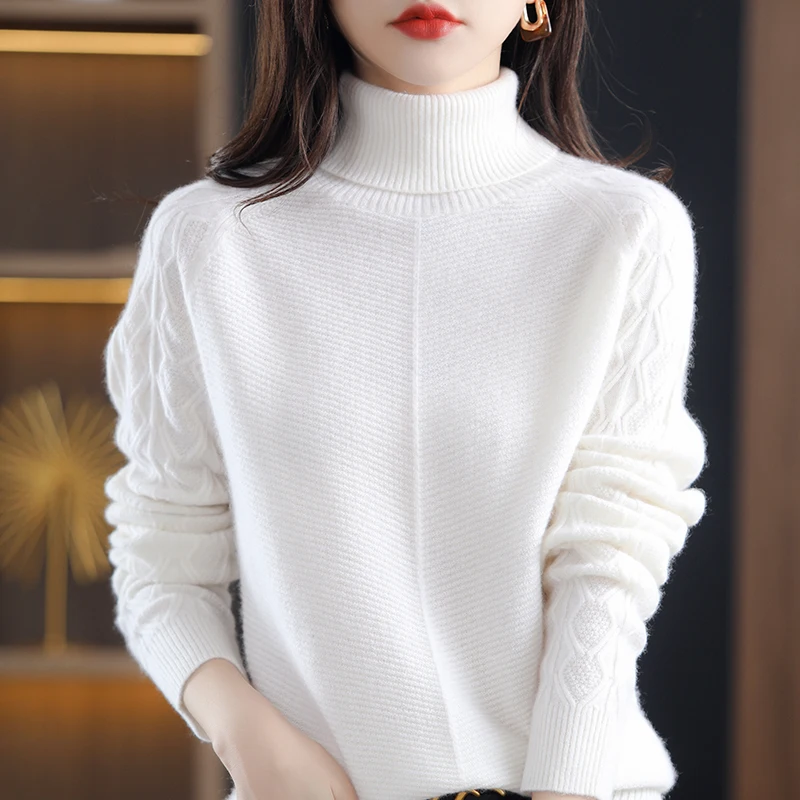 New Women's Autumn And Winter High-Neck Loose Knitted Sweater Temperament Pullover Long-Sleeved 100% Wool Bottoming Shirt Top