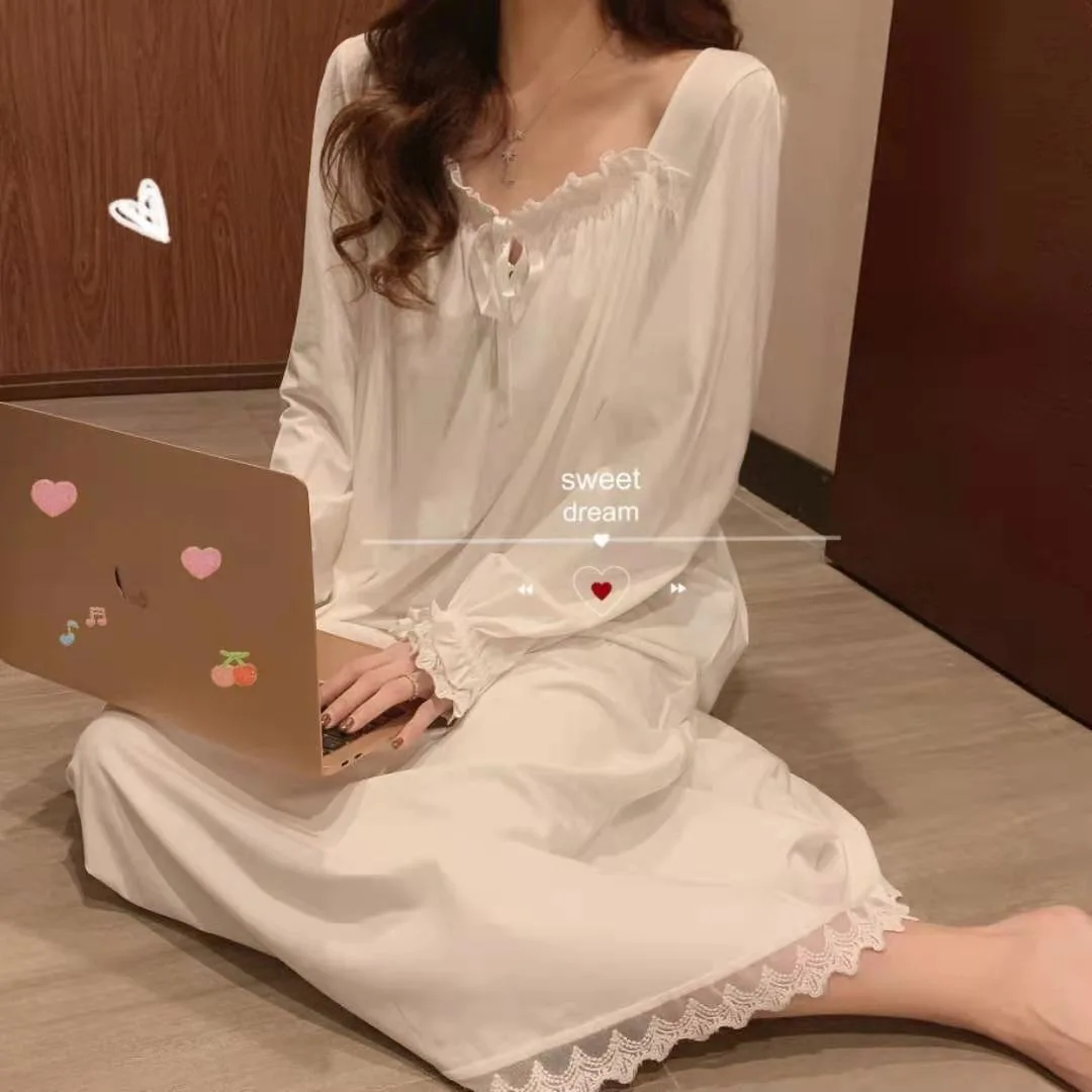 Summer Korean Nightgowns for Women Long Sleeved Nightwear Female Lace Sexy Sleepwear Home Clothes Silk Cotton Night Dress