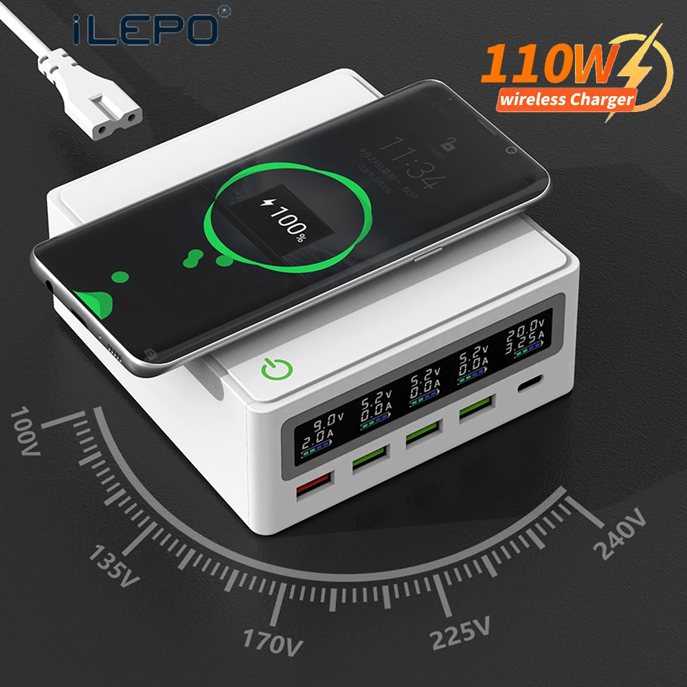 

110W 5 Ports QC3.0 USB Type C PD 65W Power Adapter LCD Wireless Charger Cellphone Fast Charger Station For Laptop Tablet