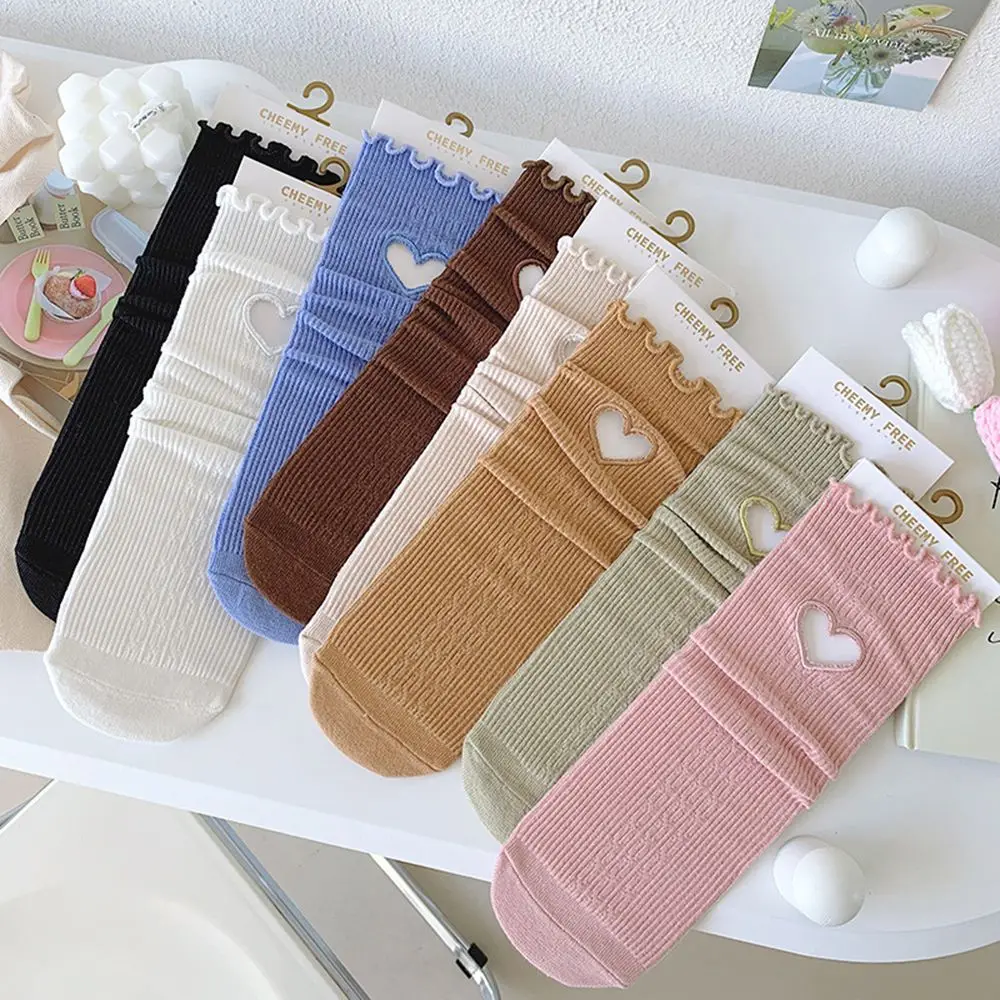 

Casual Elastic Kawaii Ruffle Harajuku Female Hollow Women Socks Fashion Hosiery Love Heart Socks Middle Tube Socks