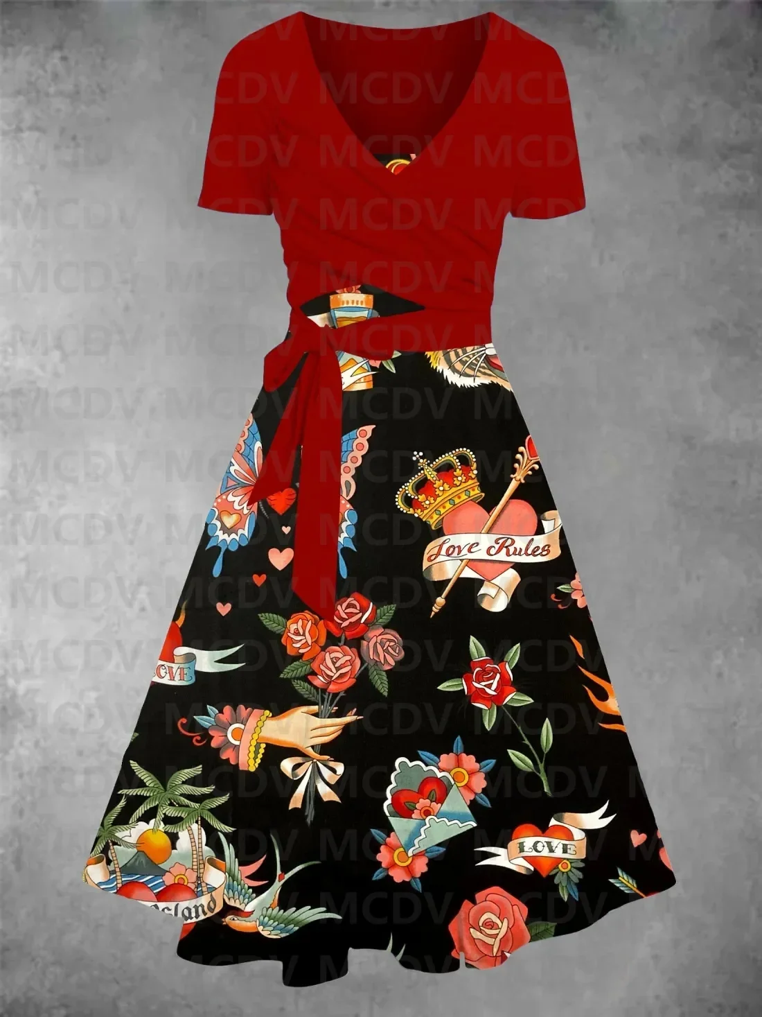 Женское старое школьное платье из двух частей с принтом татуировок