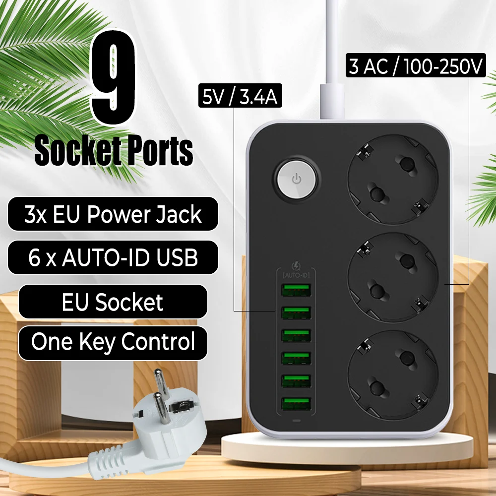 

100-250V Socket Ports Extension 3 AC Power Adapters Outlets 5V 3.4A EU Plug 6 USB Chargers USB Power Strip Universal 9 In 1