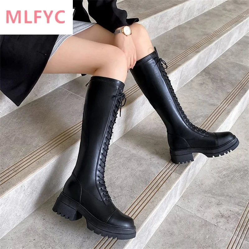 

Long tube thick bottom but knee-length knight boots women's shoes lace up thin and tall thin and tall elastic boots