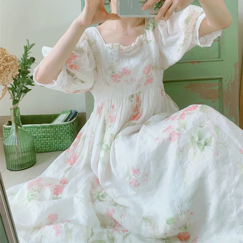 Dresses For Women Summer Fashion Korean Elegant 100%Ramie White Dress Fresh Sweet Lantern Sleeve Floral Print Long Dresses Women