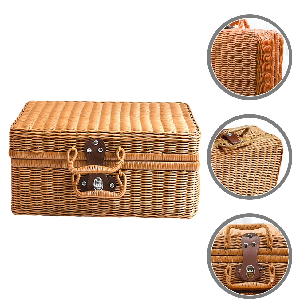 

Makeup Organizer Box Case Imitation Rattan Woven Suitcase Vintage Storage Handwoven Bins Lids Simulation Container