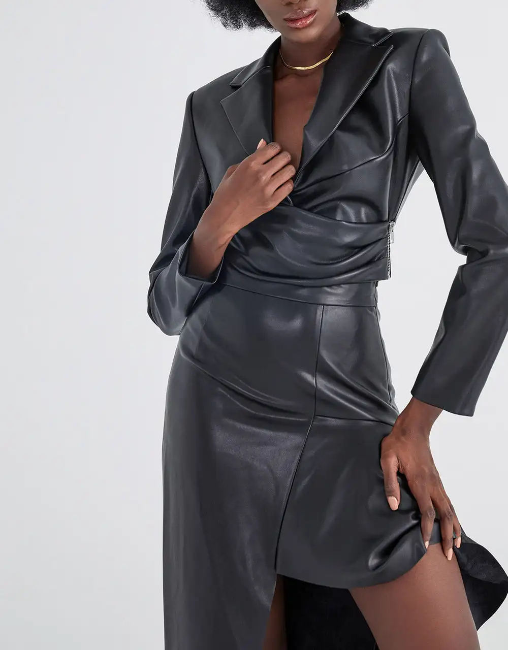 

Single Breasted Faux Leather Crop Blazer