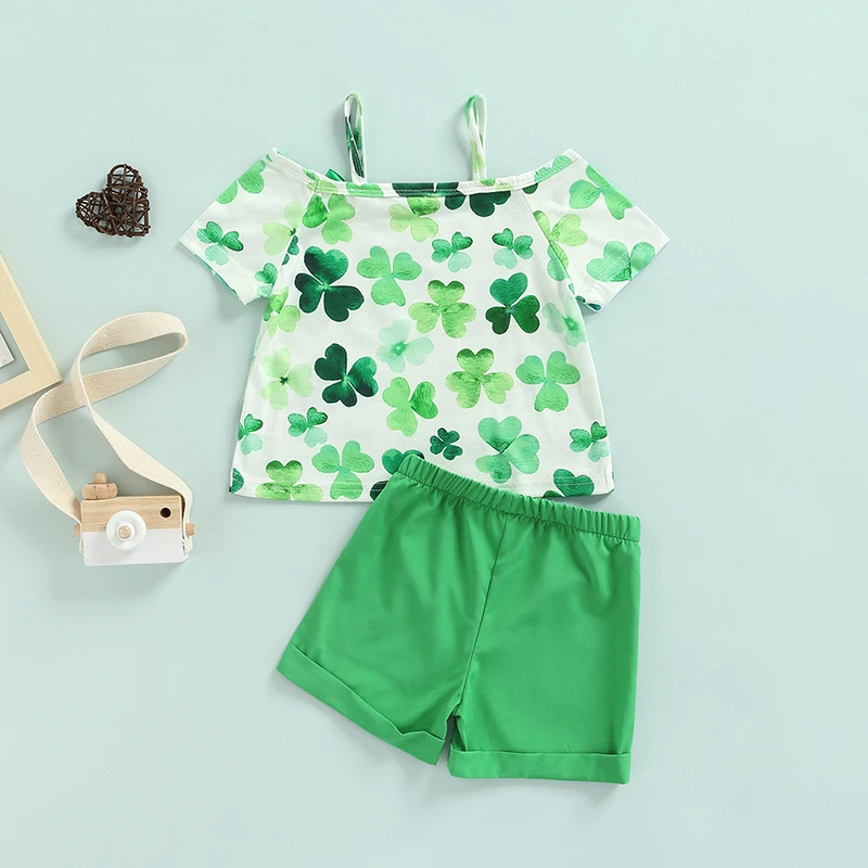 

St. Patrick's Day Little Girls Sweet Style Outfit, Toddlers Clover Printing Short Sleeve Suspender Tops Solid Color Shorts Set