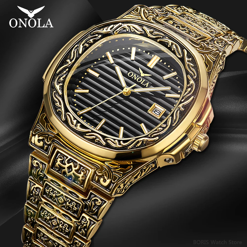 

Часы наручные ONOLA Мужские кварцевые в ретро стиле, роскошные брендовые золотистые металлические, классические спортивные водонепроницаемые, 2023