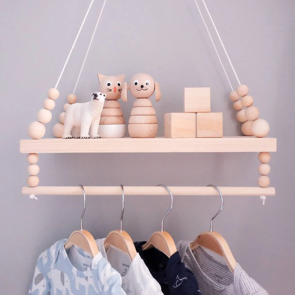 

Storage Organizer Home Decorative Double Deck Nordic Style Wood Beads Living Room Rack Hanging Kids Room Gift Wall Shelf Clothes