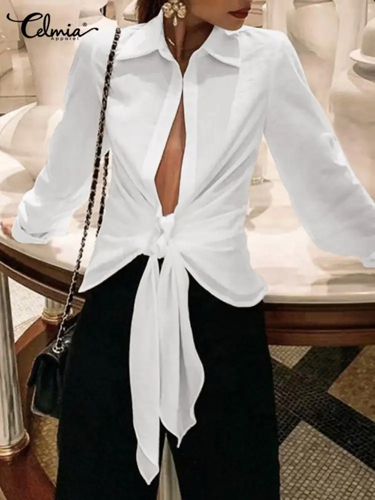 

Блузка Celmia женская с открытым грудным карманом, элегантная уличная одежда с узлом, шикарный модный плиссированный пикантный кардиган с лац...