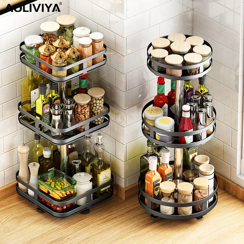 

AOLIVIYA Rotatable Kitchen Seasoning Rack Countertop Corner Seasoning Bottle Organizer 2/3 Tier Bathroom Storage Rack