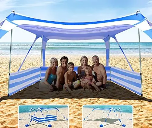 

UPF50+ Anti-Wind Beach Tent with Sandproof Private Beach Wind Screen, Stable 8 Sandbags Design Beach Canopy Sun Shade with Carry
