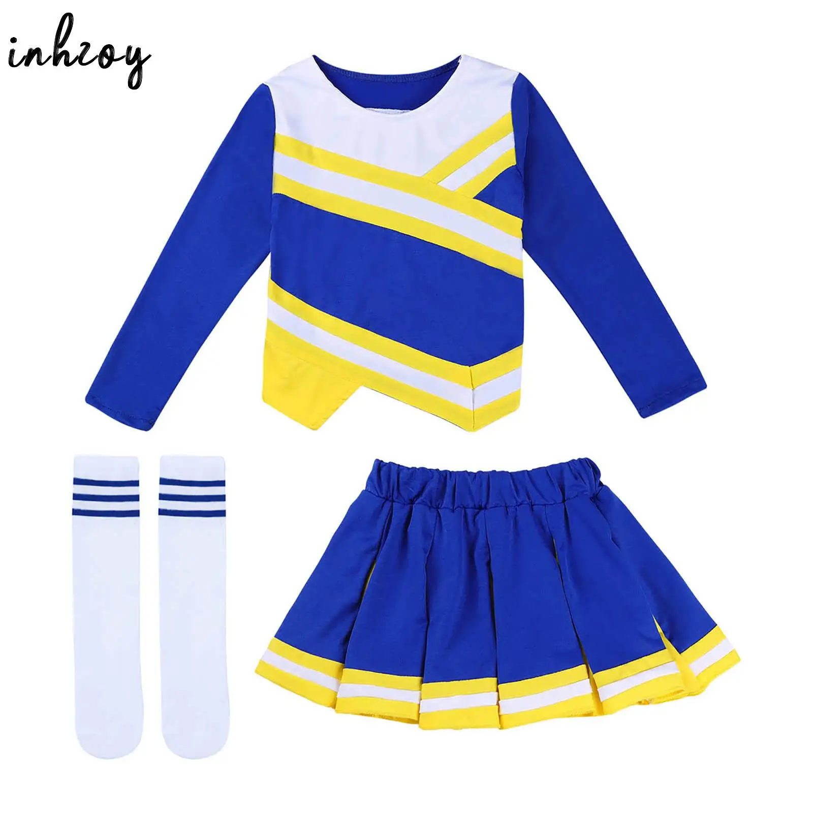 

Детский костюм для девочек, стиль чарлидинга, Униформа, цветные блочные Топы с длинным рукавом и юбка, чулки, Карнавальная спортивная одежда