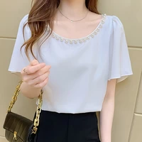chiffon top summer short sleeve solid color round neck pearl fashion womens loose casual knit pullover knit top t shirt