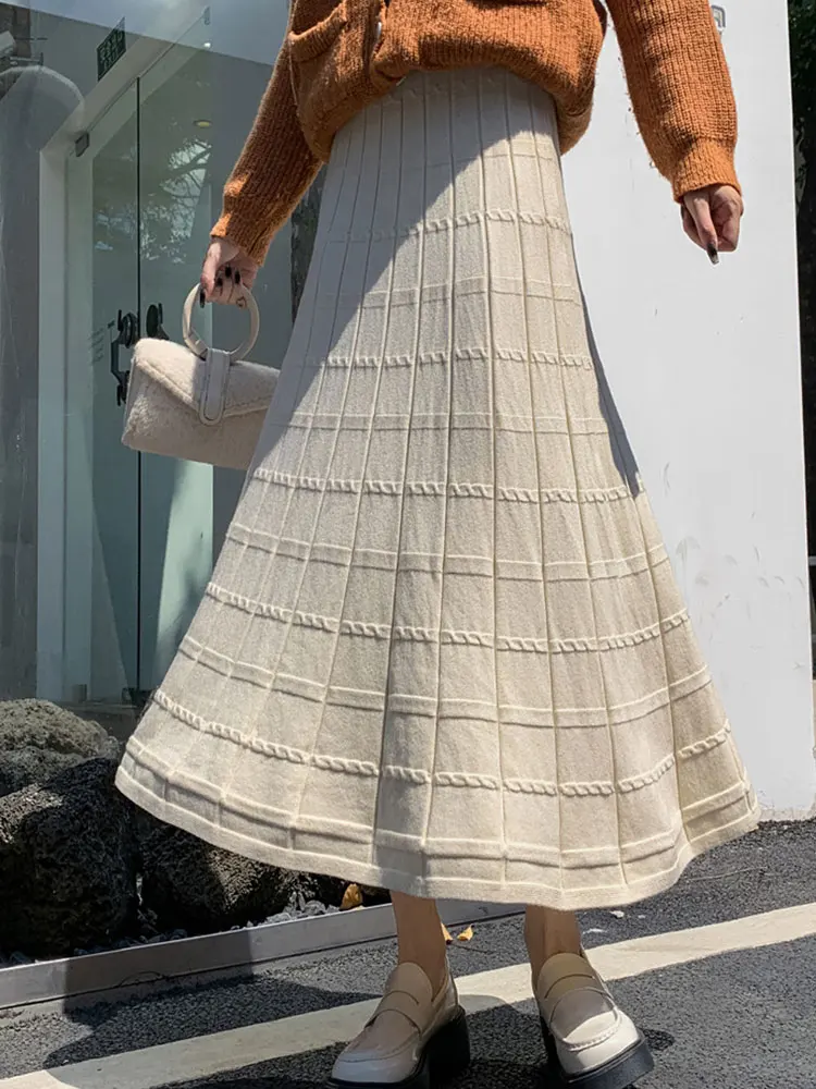 

Женская трикотажная юбка TIGENA, элегантная однотонная клетчатая трапециевидная юбка средней длины с высокой талией в Корейском стиле, Осень-...