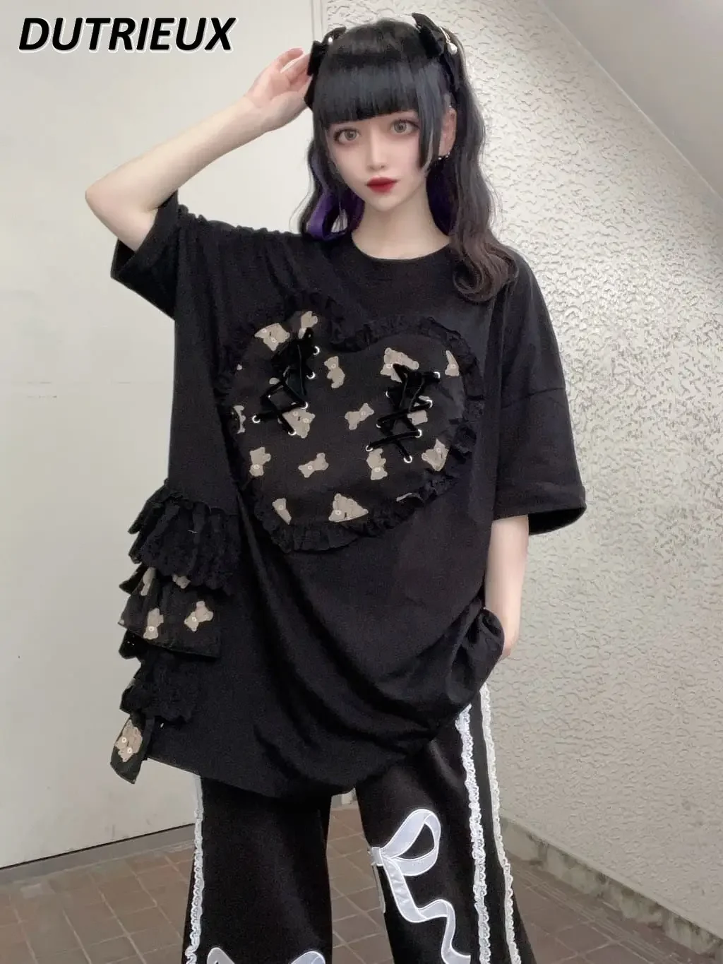 iona w japońskim stylu Słodkie fajne dziewczyny Kreskówka z nadrukiem Okrągły dekolt Top krótkim rękawem Duże serce Luźna koszulka średniej